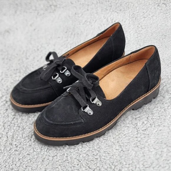 Vionic Teagan Black Suede Chunky Oxfords Sz 6 Lace Up Arch Support Career - Picture 1 of 9